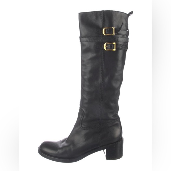 Gucci Black Leather Heeled Boots with Gold Buckles - Picture 1 of 5